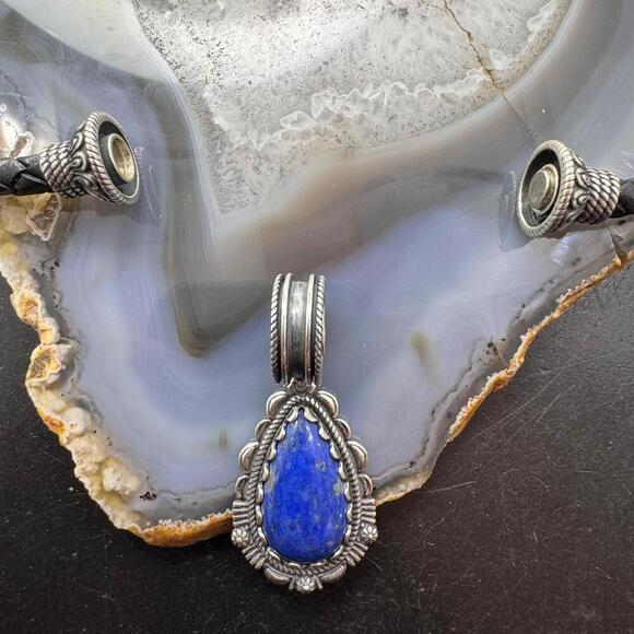 Carolyn Pollack Black Braided Leather Necklace with Teardrop Denim Lapis Pendant - Picture 4 of 10